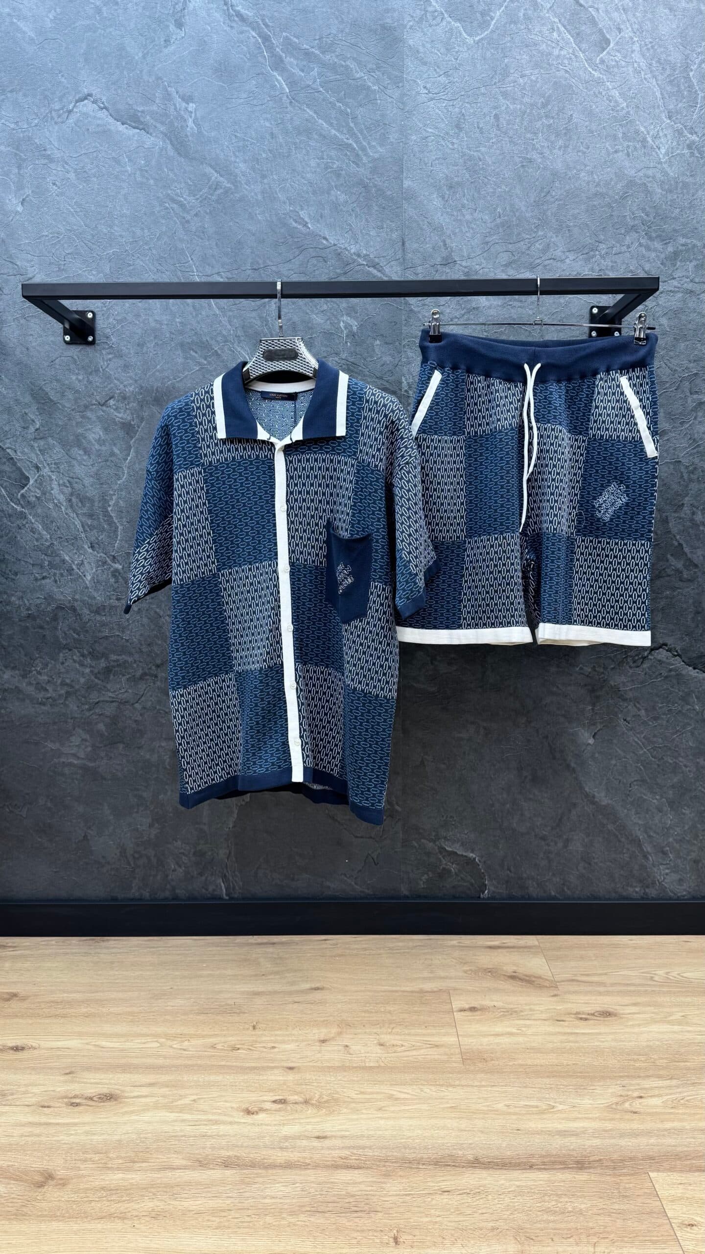 Louis Vuitton Damier Jacquard Short-Sleeved Cotton Jersey Set Navy Blue