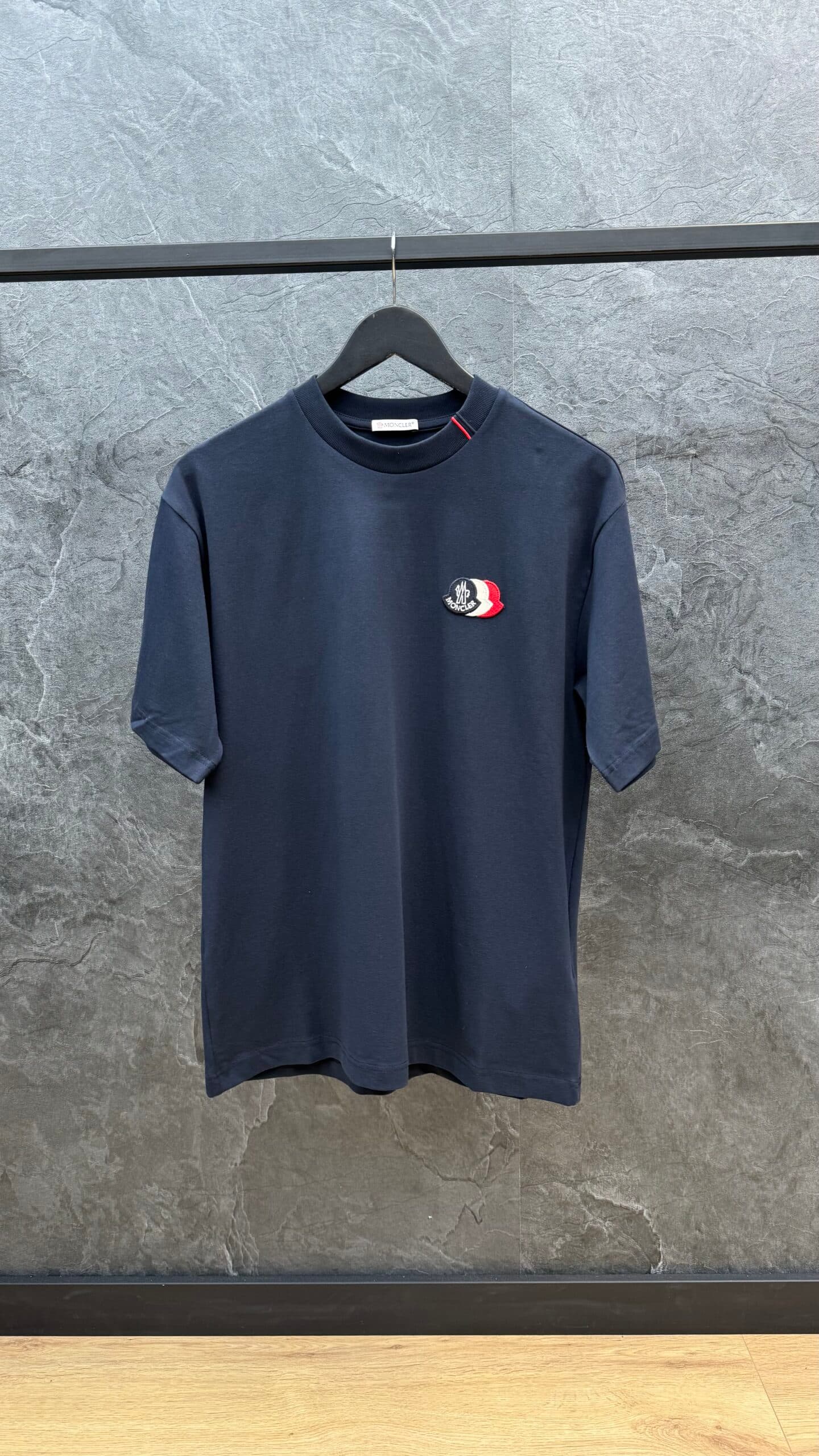 Moncler Embroidered Tricolor Logo T Shirt Navy Blue