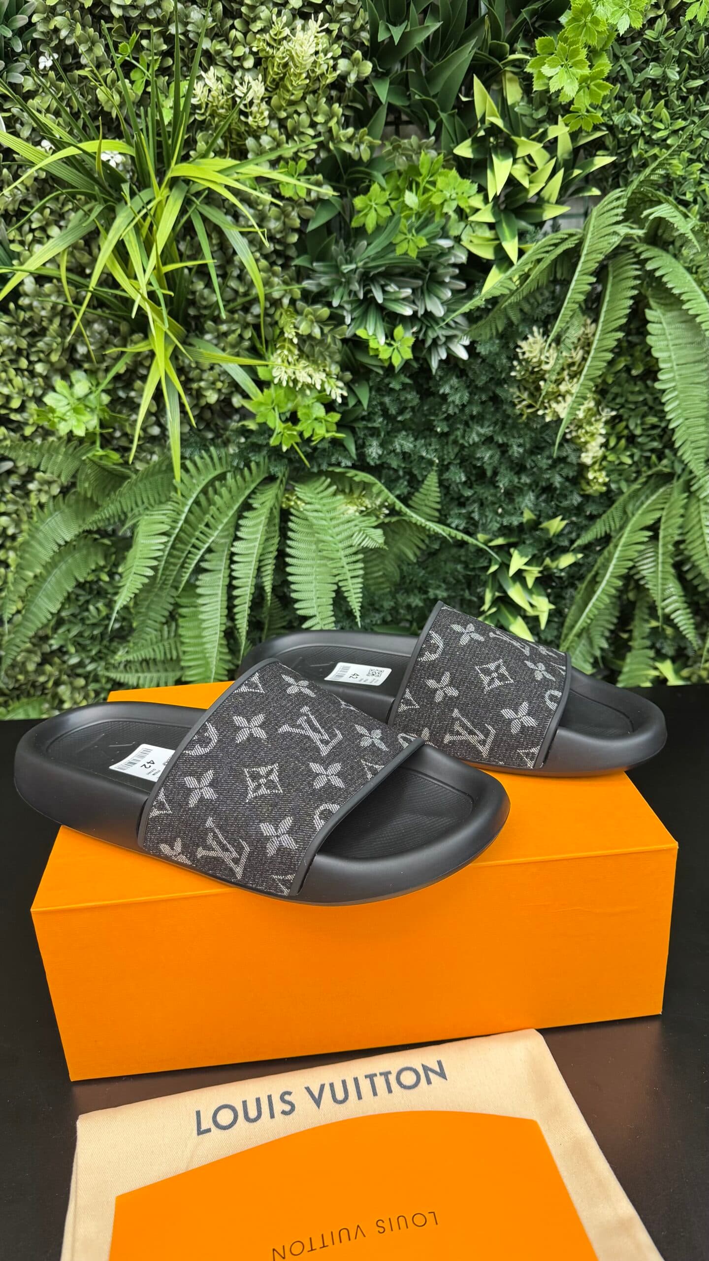 Louis Vuitton Waterfront Monogram Denim Slides Black