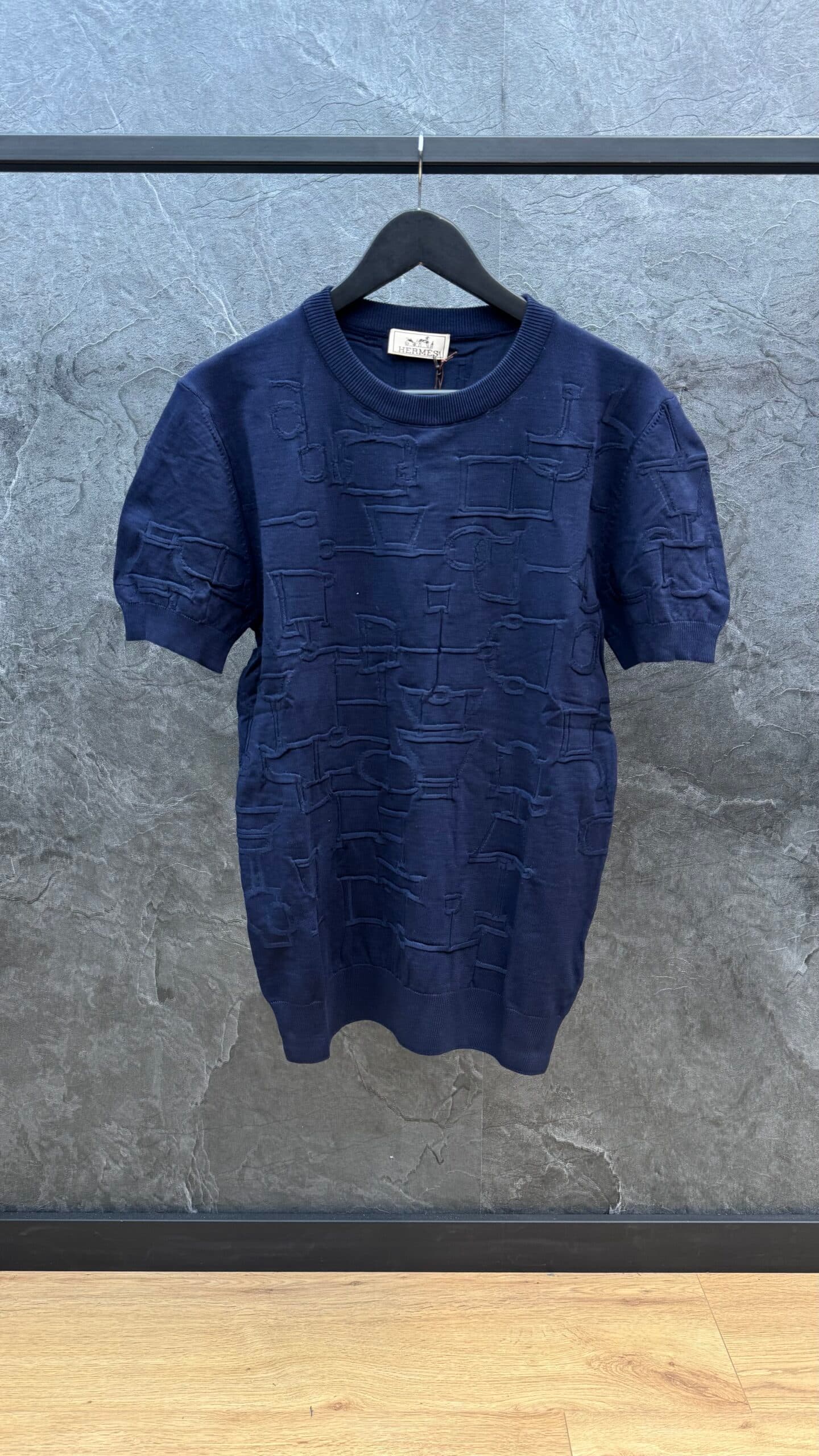 Hermes Embroidered Logo Knit T Shirt Navy Blue