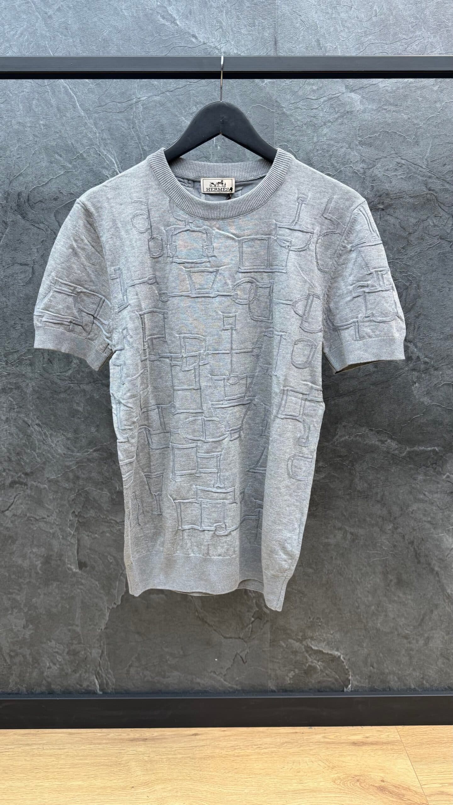 Hermes Embroidered Logo Knit T Shirt Grey