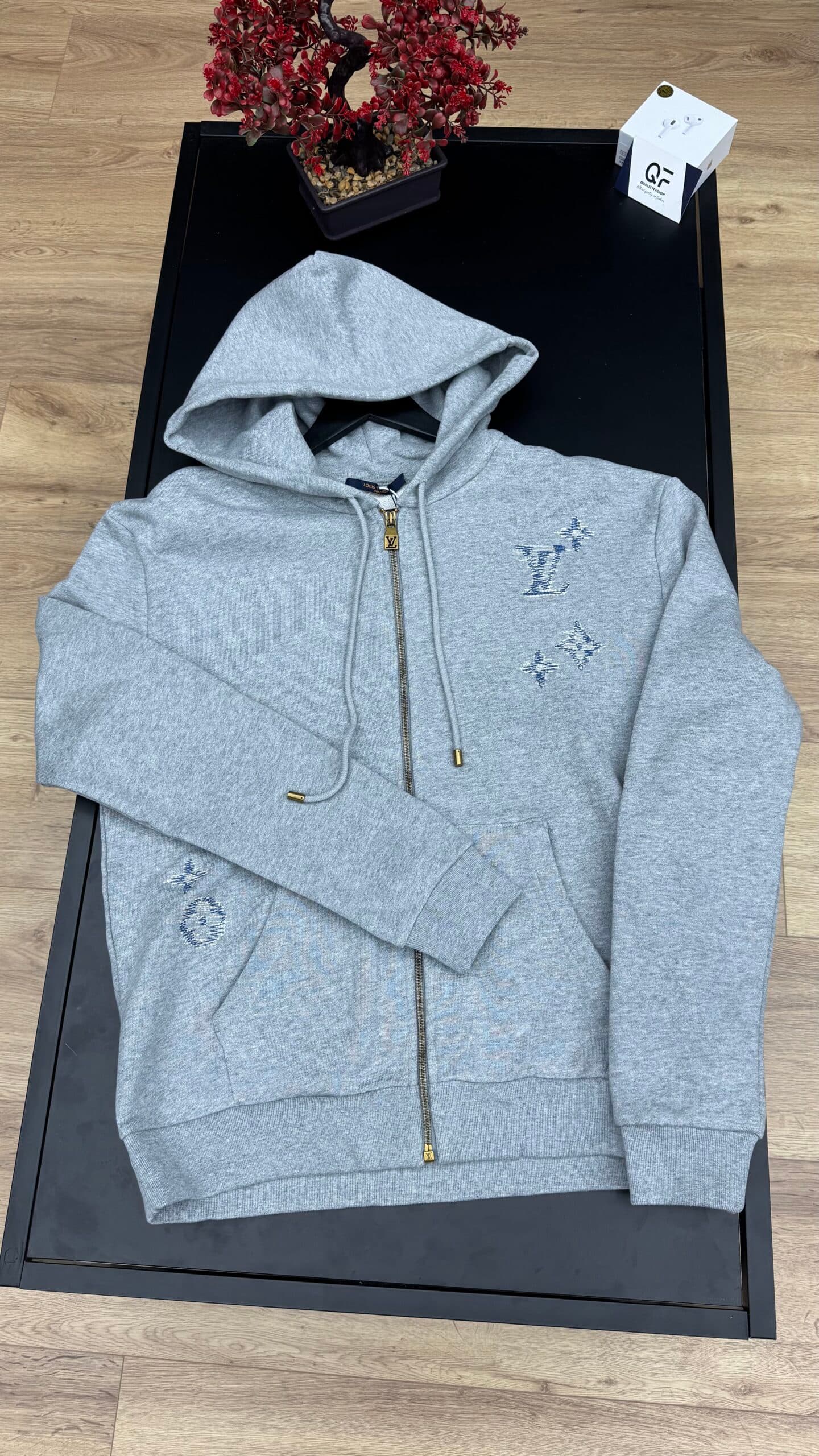 Louis Vuitton Embroidered Signature Zipped Hoodie Grey