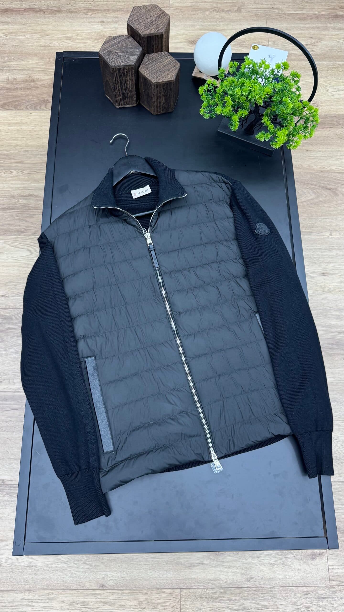 Moncler Leather Wool Blend Jacket Black