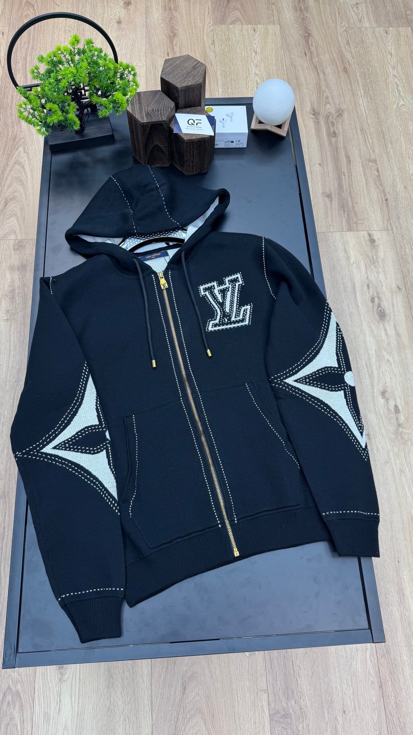 Louis Vuitton Graphic Intarsia Zipped Cotton Hoodie Black