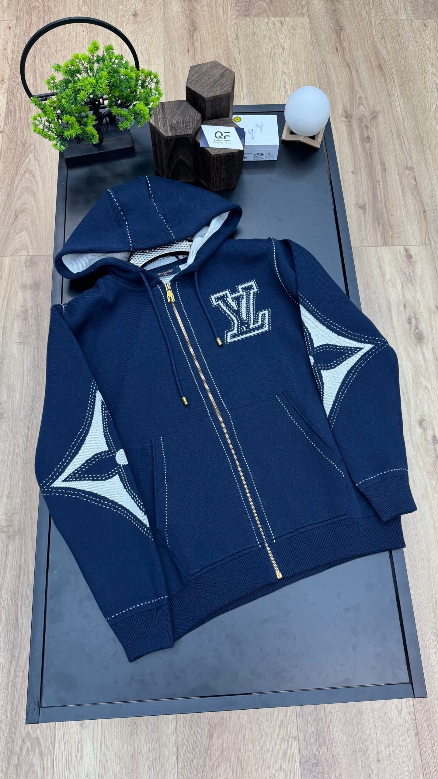 Louis Vuitton Graphic Intarsia Zipped Cotton Hoodie Navy Blue