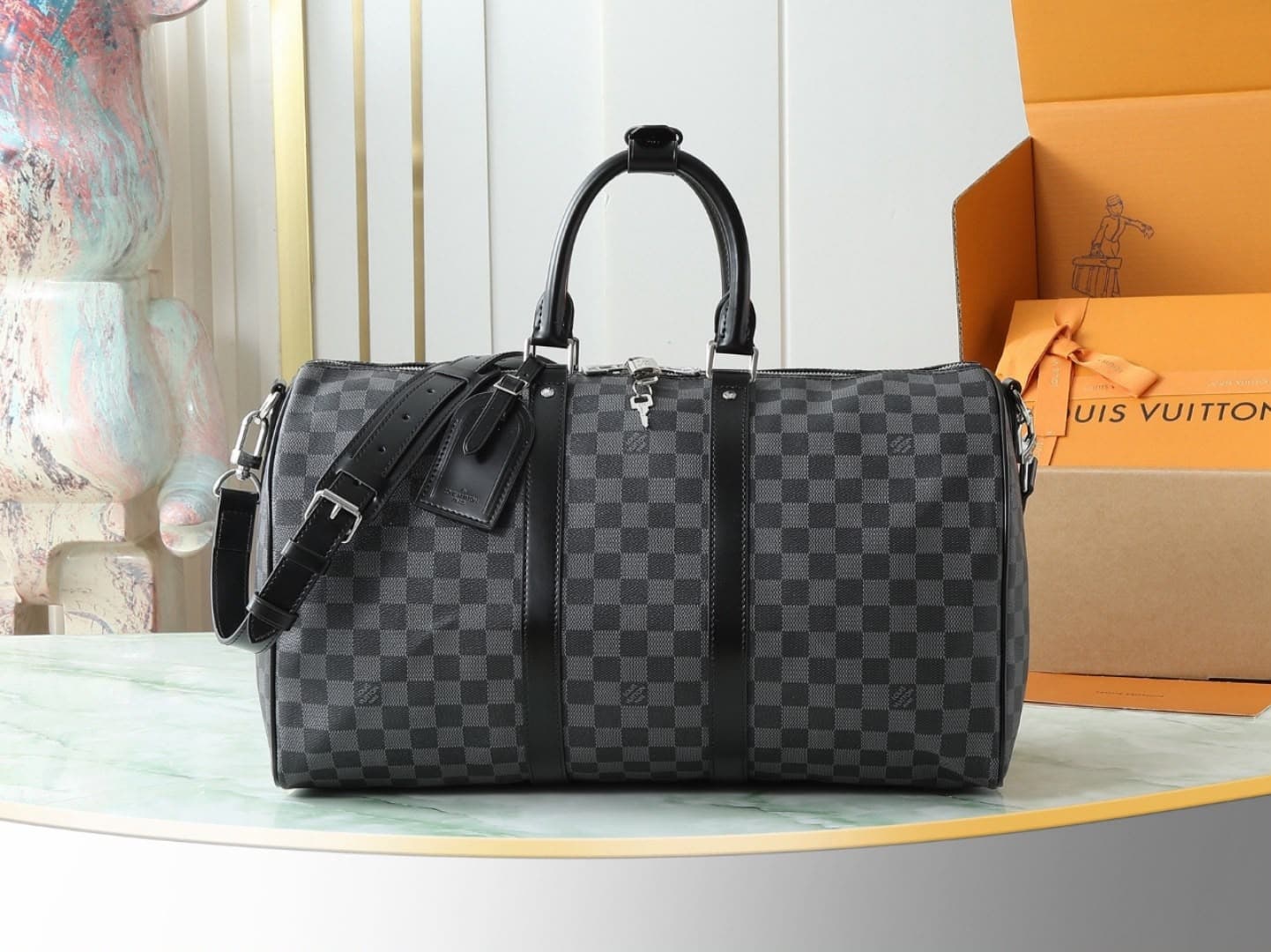 Louis Vuitton Keepall Bandoulière Damier Duffel Bag Grey