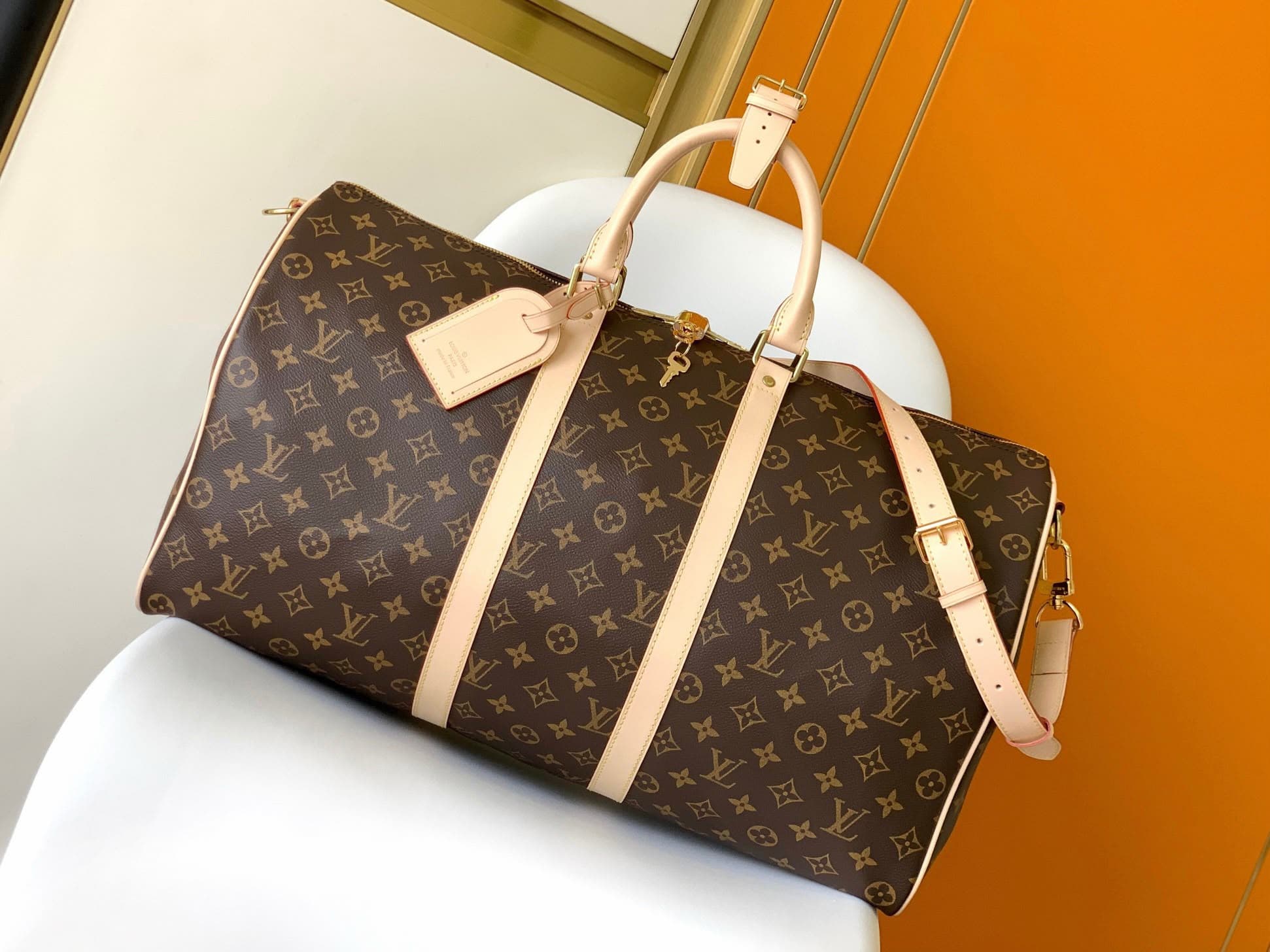Louis Vuitton Keepall Bandoulière Canvas Duffel Bag Brown
